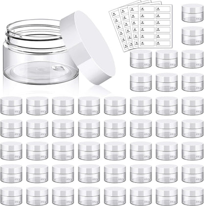 TUZAZO 48 Pack 1 Oz Small Plastic Container Jars with Lids and Labels BPA Free, Empty Round Clear Cosmetic Containers Plastic Slime Jars for Lotion, Cream, Ointments, Samples, Travel Storage (48)