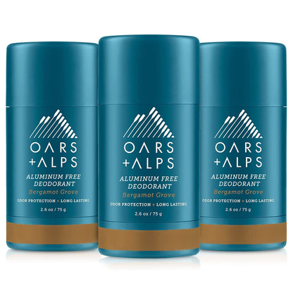 Oars + Alps Aluminum Free Deodorant for Men and Women, Dermatologist Tested and Made with Clean Ingredients, Travel Size, Bergamot Grove, 3 Pack, 2.6 Oz Each
