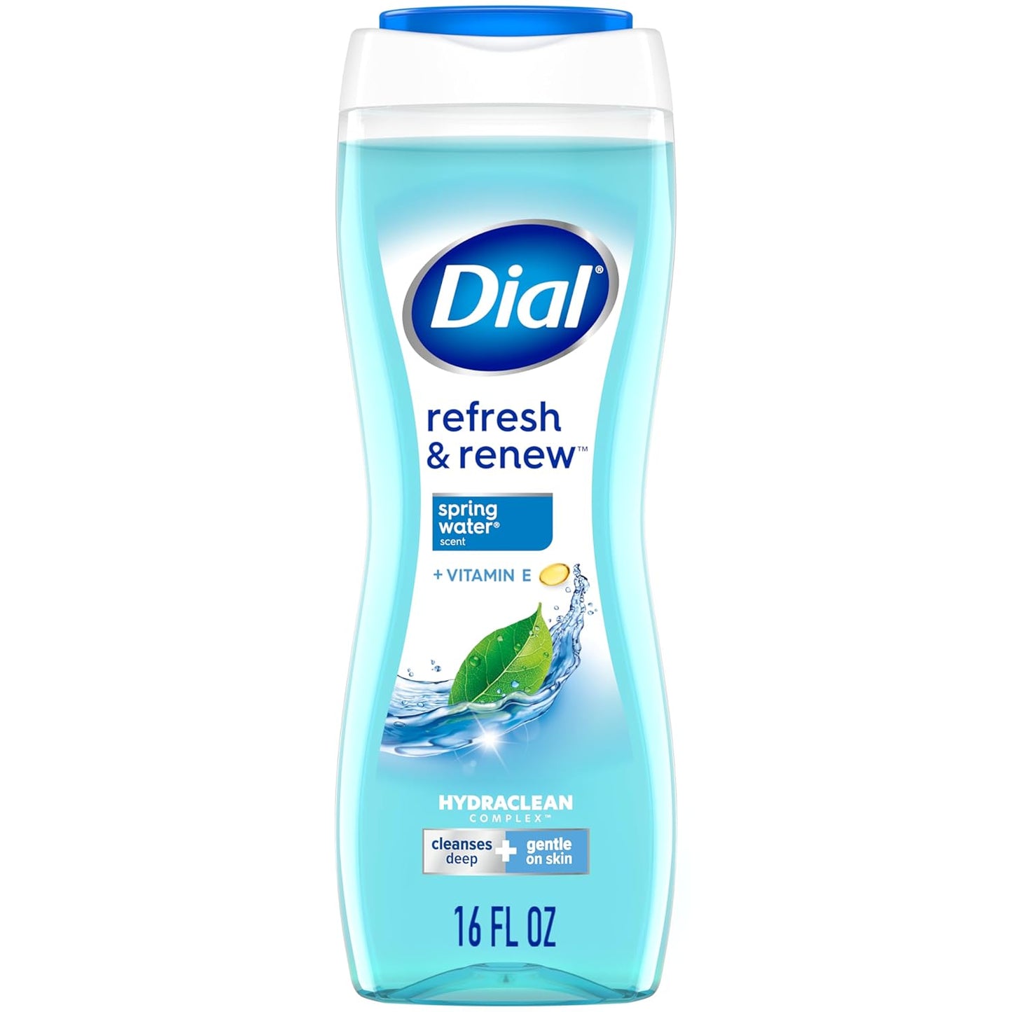 Dial Body Wash, Refresh & Renew Spring Water, 16 Fl Oz (Pack of 4), Hydraclean Complex & Vitamin E, Gentle, Leaves Skin Feeling Nourished, Dermatologist-Tested, No Parabens & Sulfates
