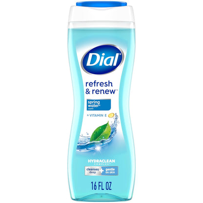 Dial Body Wash, Refresh & Renew Spring Water, 16 Fl Oz (Pack of 4), Hydraclean Complex & Vitamin E, Gentle, Leaves Skin Feeling Nourished, Dermatologist-Tested, No Parabens & Sulfates