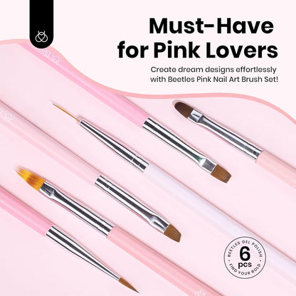 Beetles Nail Art Brushes, 6 Pcs Fingernail Art Design Pens, Pink Handle French Tip Ombre Clean Up Nail Brush Set for Gel Polish with Palette DIY Manicure Tools Gift for Women