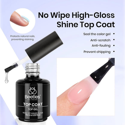 Beetles 3Pcs 15ml Builder Nails Gel with No Wipe Top Coat and Base Coat Set, Nail Extension Strengthening Nail for UV LED Lamp, Soak Off Gel Nail Polish for Nail Art