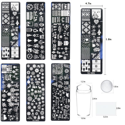 6 Pcs Xmas Christmas Snowflake Nail Stamper Kit with 1 Stamper 1 Scraper, DIY Nail Art Stencil Plates Set