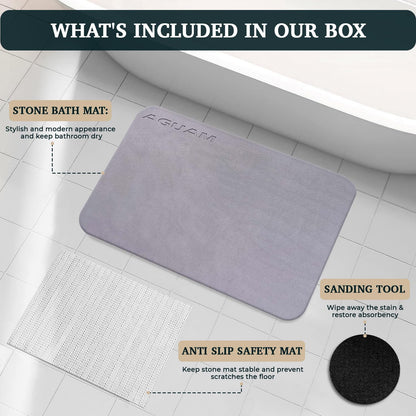 28" x 18" Diatomaceous Earth Shower Non Slip Stone Bath Mat | Quick Dry Super Absorbent Large Mats for Kitchen | Anti-Slip Fast Drying Water Absorbing Stone Bath Mats for Bathroom | Solid Gray