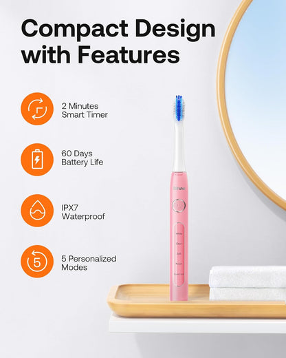 Bitvae Ultrasonic Electric Toothbrush for Adults and Kids, ADA Accepted Travel Electric Toothbrush with Rechargeable 60-Day Battery Life, 8 Heads, 5 Modes, Case/Holder, Quartz Pink