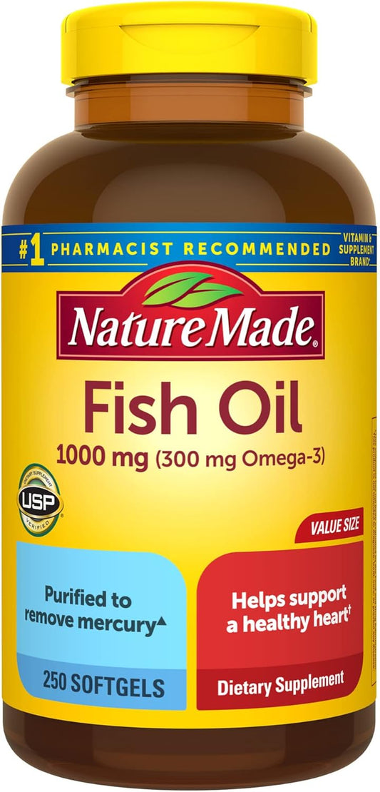 Nature Made Fish Oil Omega 3 Supplements, 1000mg Softgels, Omega 3 Fish Oil for Healthy Heart Support, 250 Softgels, 125 Day Supply