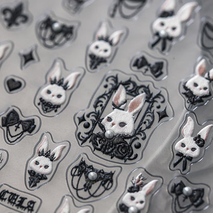 5D Embossed Bunny Nail Stickers Lovely Rabbit Nail Art White Black Nail Decals Cute Stickers for Nails Designs Self Adhesive Nail Art Supplies & Decorations for Women Girls 1 Sheet