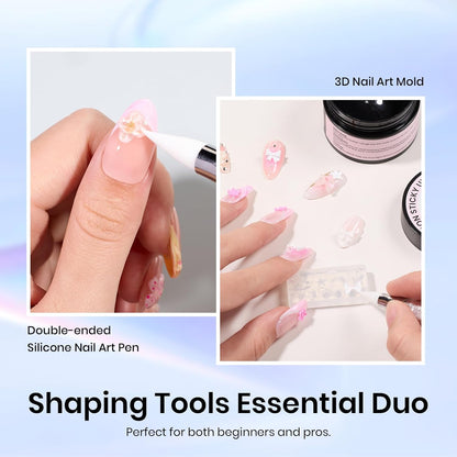 Beetles 3D Nail Art Brushes, Dual-ended Silicone Manicure Tool, Gold Chrome Nail Powder, 15mm Liner Brush, Dotting Tool with Flowers Bowknot Mold, Pearls, for 3D Manicure Design Carving Drawing Effect