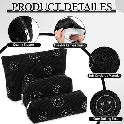 3 Pcs Makeup Bag Set for Women Corduroy Cosmetic Pouch Aesthetic Smile Travel Toiletry Bag Cute Purse Pouch Pencil Case Makeup Brushes Storage Organizer for Christmas(Black,Smile Face)