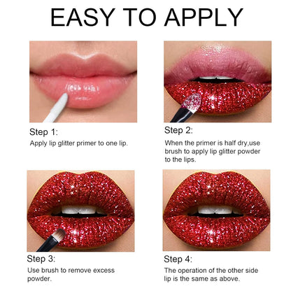 KYDA 3 Colors Glitter Lip Kit, Diamond Metllic High Pigmented Powder for Lips Cosmetics, Glitter Lips Makeup,with Lip Primer and Brush, Long Wear-Set D