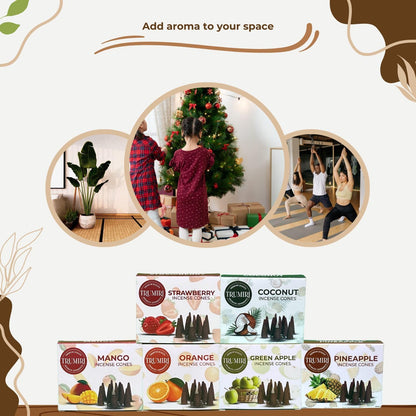 Trumiri Fruity Incense Cones - Variety Pack - Total 60 Cone Incense (6 Scents x 10 Conos) - Strawberry, Coconut, Pineapple, Apple, Mango, Orange - Cone Incense Scents - Insense Cones - Incent Cone