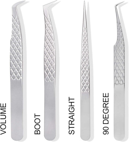 Fiber Tip Lash Tweezers For Eyelash Extension 4 Pcs Tweezers Professional Artist Tech Work Kit Tools,Best Volume Eyelash Lashes Extensions Precision Supplies Volume Boot 90 45 Degree(Silver)