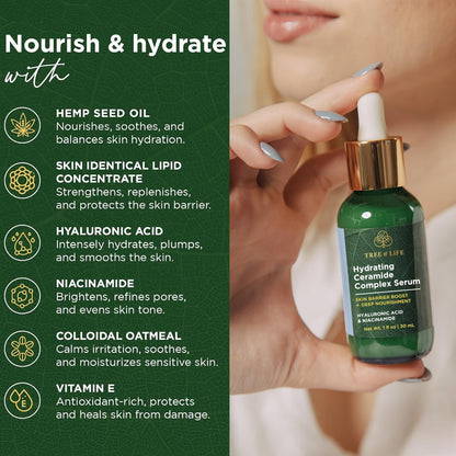 Tree of Life Beauty Ceramide Serum Complex - Skin Barrier Serum with Hemp Seed Oil - Nourishing Barrier Serum with Hyaluronic Acid, Niacinamide and Colloidal Oatmeal - Hydrating Serum for Face 1 Fl Oz