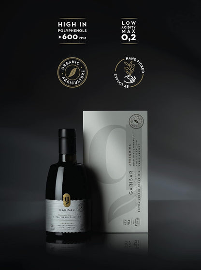 Garisar High In Polyphenol Premium Extra Virgin Olive Oil (>600 ppm), Low Acidity (Max 0.2%), NYIOOC 2025 Gold Medal Winner, Organic Agriculture Hand Picked, Cold Pressed, 100% Arbequina - Pack of 1