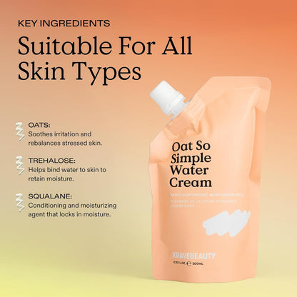 KraveBeauty Oat So Simple Water Cream Refill, Enriched With Oat & Squalane To Soothe & Lock In Moisture, Everyday Moisturizer, For All Skin Types, Vegan & Cruelty Free, 6.76 fl oz
