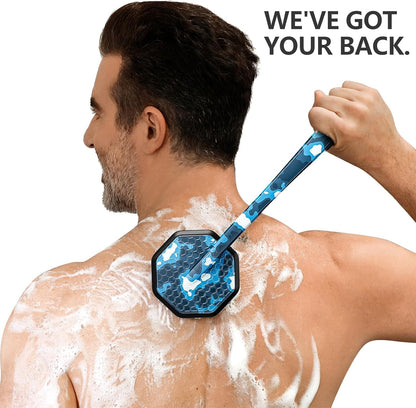 iTokGoK® Platinum Camo Blue Pattern Silicone Back Scrubber with Long Handle Back Brush for Shower,Silver-Infused Back Scrubber for Men and Women (Camo Blue)