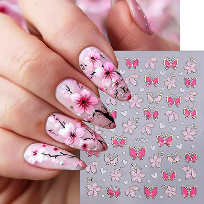 8 Sheets Flower Nail Art Sticker 3D Self-Adhesive Nails Stickers Floral Butterfly Nail Art Decals Holographic Blossom Decal for Women Hot Stamping French Manicure Stickers DIY Nail Supplies