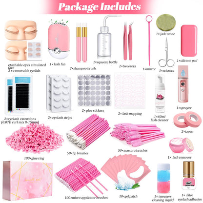 Lash Extension Kit for Beginners Lash Mannequin Head with Replaced Eyelids False Eyelashes Practice Eyelash Strips Facial Mister Tweezers Glue USB Fan Professional Set