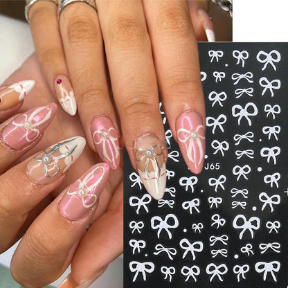 Bows Nail Stickers - Black & White Bow Knot Designs for Simple & Cute Valentines Nail Art - Pink, Red, Silver - 3D Self-Adhesive Stickers for Women - 6 Sheets