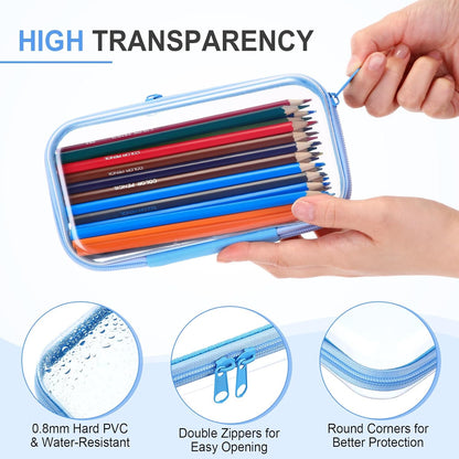 Hoolerry 3 Pcs Clear Hard Zipper Case Plastic Pouch Transparent Hard Case Clear Makeup Bag Portable Travel Organizer Bin for Cosmetics, Building Blocks, Puzzles(Blue,S)