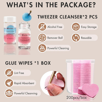 Tweezer Cleanser for Eyelash Extensions with Nail Wipes Lint Free Glue wipes Tweezers Glue Remover Liquid for Lash Tools with 2 Spongeballs Kit(2 Bottles Cleanser+1 Glue Wipes)