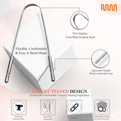MasterMedi Tongue Scraper with Multicolor Cases (2 Pack), 100% Stainless Steel, Reduce Bad Breath, Easy to Use Tongue Scraper for Adults, Tongue Cleaner for Oral Care & Hygiene