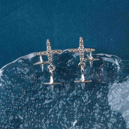 Punk Cross Star Dangle Drop Earrings Vintage Silver Hanging Rhinestone North Star Drop Earrings Minimalist Cross Star Dangle Huggie Small Hoop Earrings Jewelry for Women