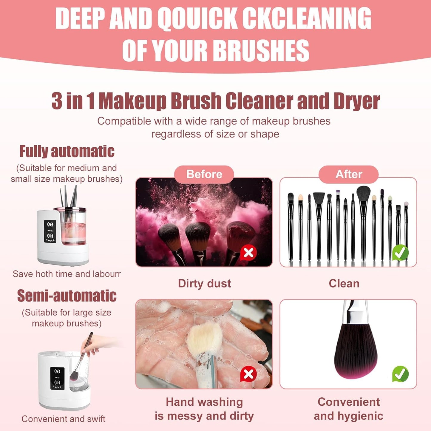 3 IN 1 Electric Makeup Brush Cleaner Machine, With Make up Brush Dryer- USB Makeup Brush Cleaner. Automatic Washer Cosmetic Brushes Cleaner Tool for All Size Beauty Swirl Cosmetic Brush Cleaner (XL)