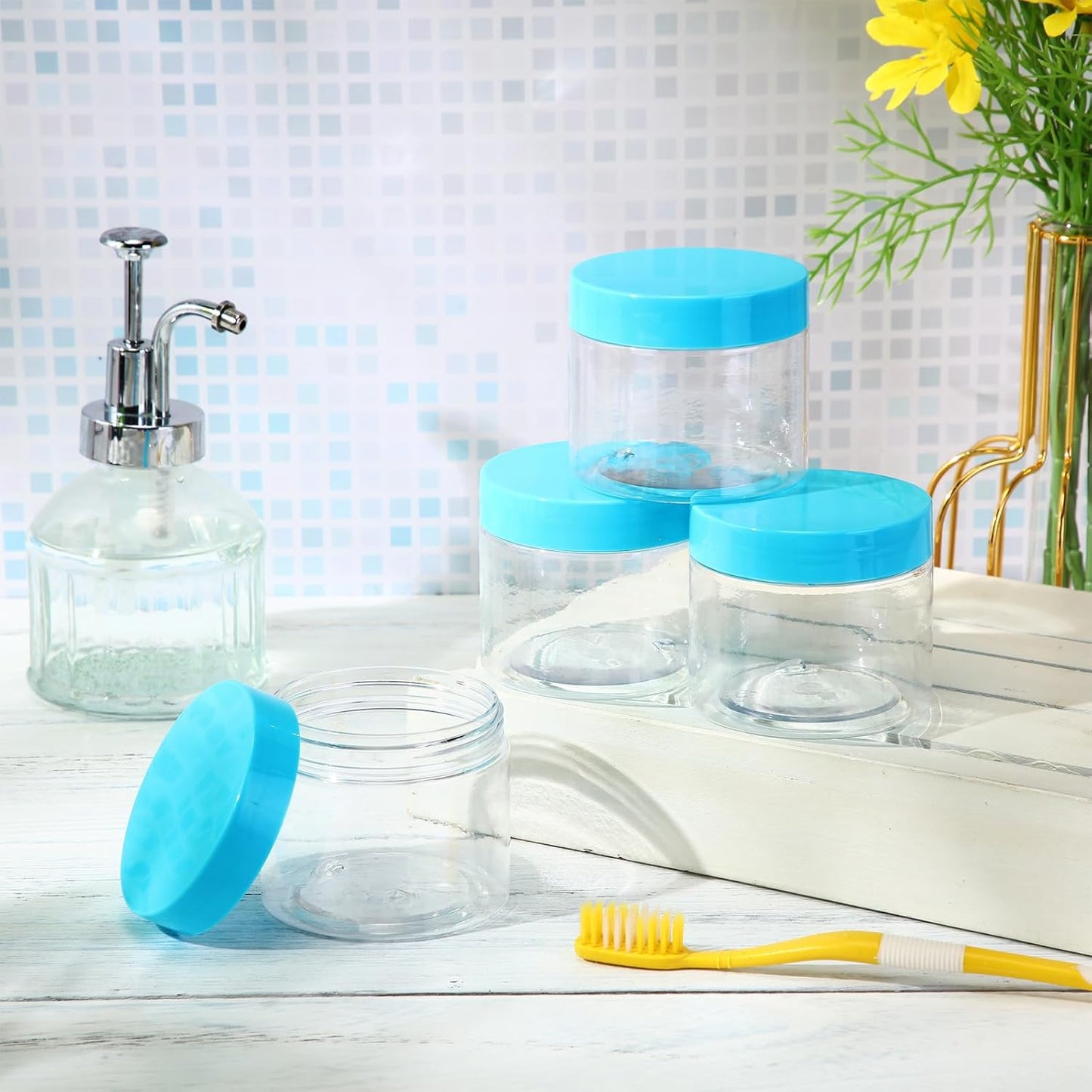 SATINIOR 36 Pieces 2 oz Plastic Jars with Lids Wide Mouth Airtight Reusable Container Acrylic Cosmetic Small Jars for Lotions Ointments Travel Toiletries Creams Make up Storage(Blue)