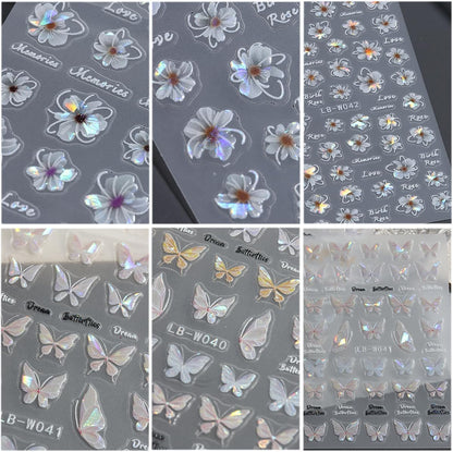 5D Embossed Spring Flower Nail Stickers, 4 Sheets Holographic Shiny Butterfly Nail Stickers, Cherry Blossom Nail Decals, Self-Adhesive Pegatinas para Uñas, Summer Floral Manicure Design