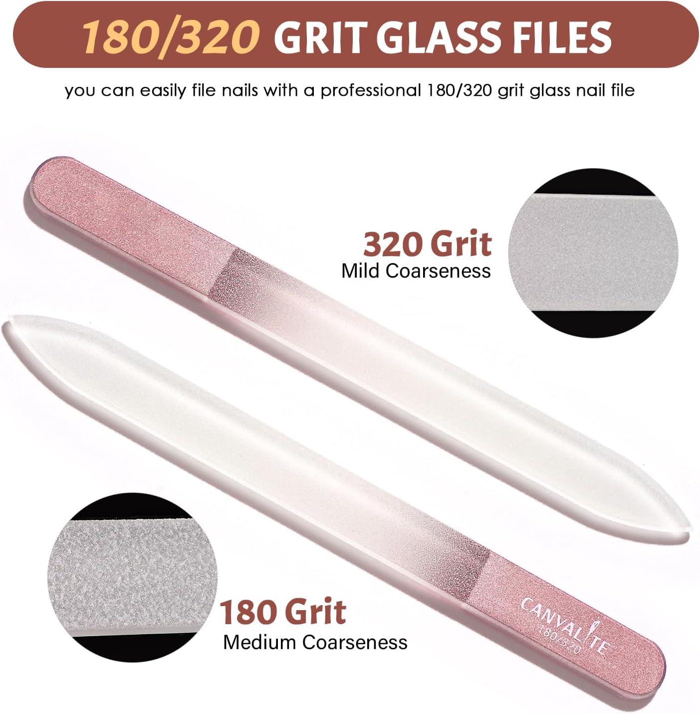 CANVALITE Glass Nail Files for Natural Nails - Double Sided 180/320 Grit Crystal Glass File with Case, Gentle Emery Boards for Damaged Nails, Stocking Stuffers for Women (Rose Gold)