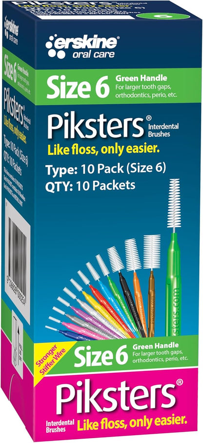 Piksters Interdental Brushes, Size 6, 100 Count (10 x 10 Packs), Interdental Tooth Brush for Larger Gaps, Gum Soft Bristles for Plaque Removal, Safe for Braces (100pk)