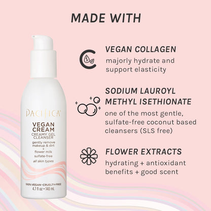 Pacifica Vegan Collagen Cream Gel Facial Cleanser - Daily Foaming Face Wash & Makeup Remover, Hydrating Anti-Aging Face Wash for Dry & Sensitive Skin, 4.7oz