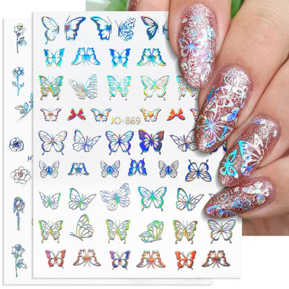 8 Sheets Aurora Silver Heart Nail Decals 3D Self Adhesive Design Star Stickers Holographic Butterfly Flame Nail Stickers for Women Girls DIY Manicure Tips Decoration