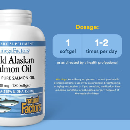 Natural Factors Wild Alaskan Salmon Oil Provides Omega-3, EPA, DHA & Vitamin D, Supports Brain & Heart Health, 180 Softgels