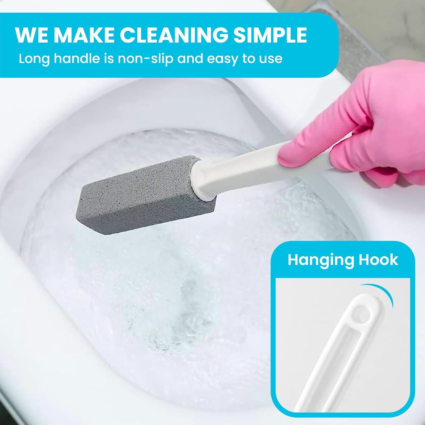 Pumice Stone Toilet Bowl Cleaner | Long Handle & Eco-friendly Screw-on Pumice Stones | Scouring Stick for Toilet Cleaning, Stain Removal on Toilets, Grills, Tiles, Grout & Pools | 3 Pack
