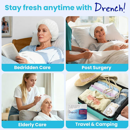 Drench No Water Hair Washing Cap - Waterless Shower Caps with Shampoo and Conditioner - Disposable Rinse Free Wash Aids - Ideal for Elderly and Disabled - Pack of 18