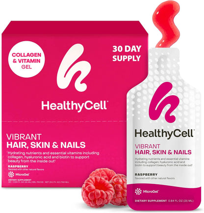 Healthycell Vibrant Hair Skin & Nails Daily Liquid Supplement - Beauty Supplements with Hydrating Nutrients & Essential Vitamins - Collagen, Biotin & Hyaluronic Acid - 30 Gel Packs