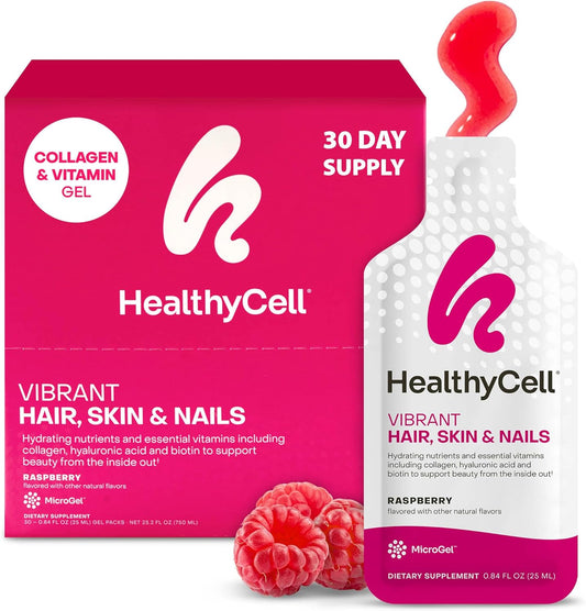 Healthycell Vibrant Hair Skin & Nails Daily Liquid Supplement - Beauty Supplements with Hydrating Nutrients & Essential Vitamins - Collagen, Biotin & Hyaluronic Acid - 30 Gel Packs