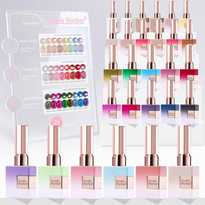 Double Rhythm 28Pcs 0.5Oz Glass Cat Eye Gel Nail Polish Set Same Color Same Bottle Soak Off Magnetic Jelly Gel Polish Kit Nail Art Manicure Salon DIY at Home (Nude Pink Blue Green-T24-10)