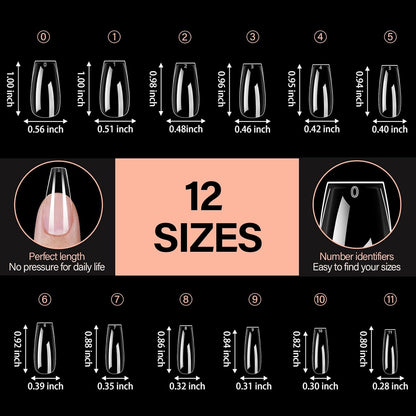 AILLSA Coffin Nails Tips 504PCS Clear Full Cover Nails Medium Gel Fake Nail Tips for DIY Press on Nail Extension, False Acrylic Preshaped Soft Nail Tips (12 Sizes)