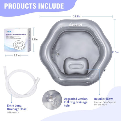 Inflatable Shampoo Basin for Bedridden, Elderly & Disabled - Petal-Shape Large Size, 360° Neck Support, Central Drain Hole with Pull Ring | Leak-Proof PVC Portable Hair Washing Bowl (Silver)