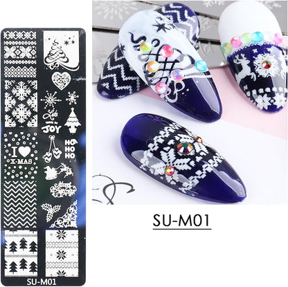 Christmas Nail Art Stamping Plate Kit,Snowflake Snowman Christmas Tree Elk Designs Nail Image Stamp Template Xmas DIY Stainless Steel Nail Image Polish Template Kit 6Pcs