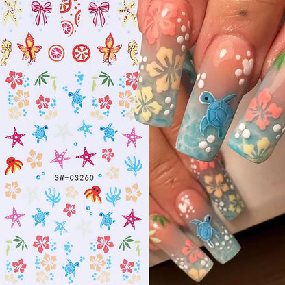 6 Sheets Marine Life Nail Art Stickers 3D Self-Adhesive Starfish Turtle Nails Sticker Flower Nail Art Decals Holographic Bow Nails Decal Decoration for Women Floral Manicure DIY Nail Supplies