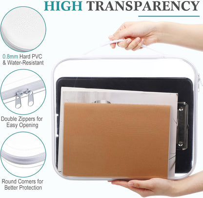 Sanwuta 4 Pcs Clear Hard Zipper Case with Handle Office Storage Cases Hard Plastic Pouches Transparent Bins for Toys, Snacks, Cosmetics, Building Blocks, Puzzles(13.8 x 11.8 x 2 Inches,White)