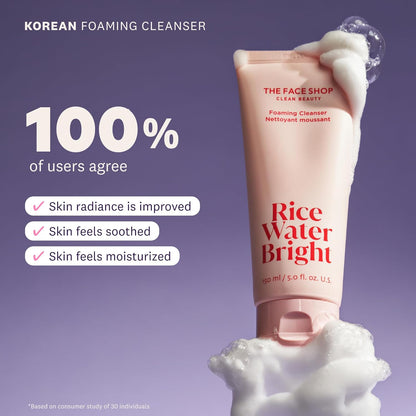 The Face Shop Rice Water Bright Foaming Facial Cleanser with Ceramide, Gentle Face Wash for Hydrating & Moisturizing, Vegan Face Cleanser, Makeup Remover, Korean Skin Care for All Skin Types, 300ml
