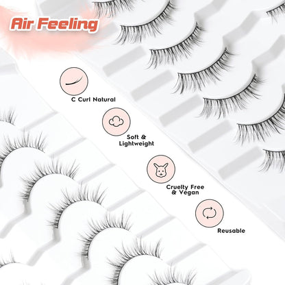 Natural Eyelashes 10MM Short Lashes Cat Eye Lashes Wispy False Eyelashes Manga Lashes Soft Strip Lashes 3D Volume Lashes Fake Eyelashes 7 Pair Siligli