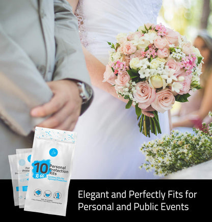 All-in-One Personal Protection Kits to GO - 10 Pack - With Plastic Gloves, Hand Cleansing Wipes, Disposable Face Mask