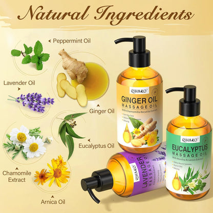 3 Pack Massage Oil for Massage Therapy,Ginger for Lymphatic Drainage, Lavender for Relaxation, Eucalyptus Mint for Muscle Relief | Massage Therapy & Date Night Spa Gift with Massage Ball for Him & Her