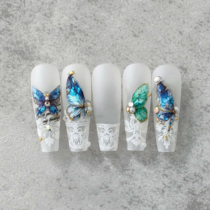 5D Embossed Blue Butterfly Nail Stickers Butterfly Nail Art Blue Green Nail Decals Spring Stickers for Nails Designs Self Adhesive Nail Art Supplies & Decorations for Women Girls 1 Sheet
